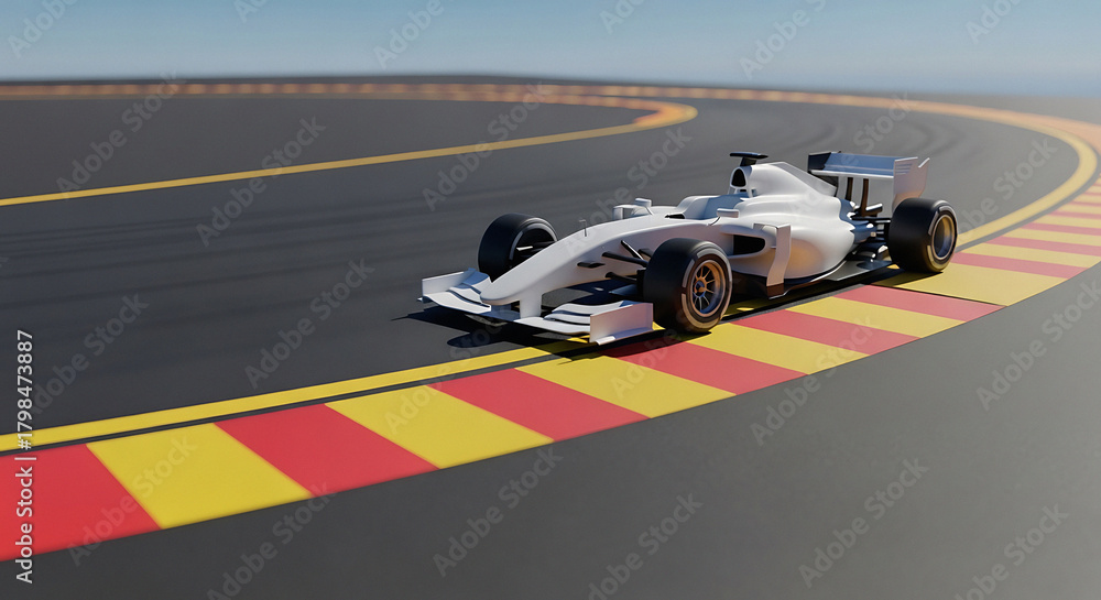Obraz premium A white formula one race car speeding around a track with red and yellow safety barriers on the side