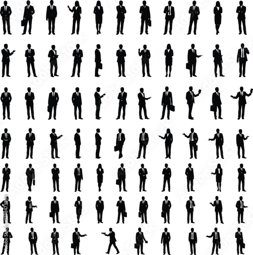 Business professionals silhouettes collection, diverse corporate people poses, standing office workers icons set, businessperson vector pattern illustration for branding