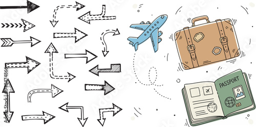 Hand-drawn Doodle Arrows and Travel Icons Vector Graphic Design