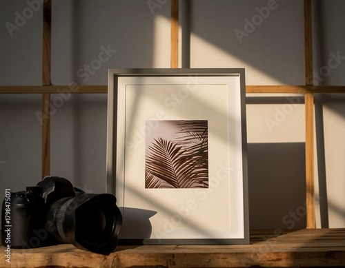 Artistic still life with camera, framed botanical print, and dramatic window light.