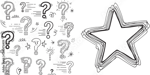 Monochrome Hand-Drawn Question Marks Pattern and Stylized Outline Star