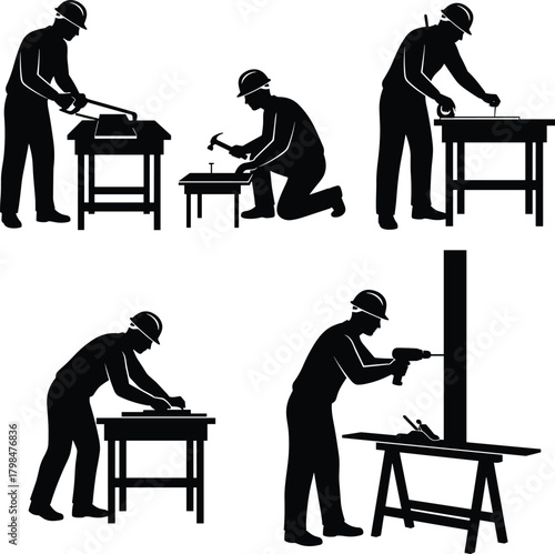 Silhouette illustration of carpenters working with tools on wood projects, construction workers cutting, drilling, hammering, and measuring in workshop environment