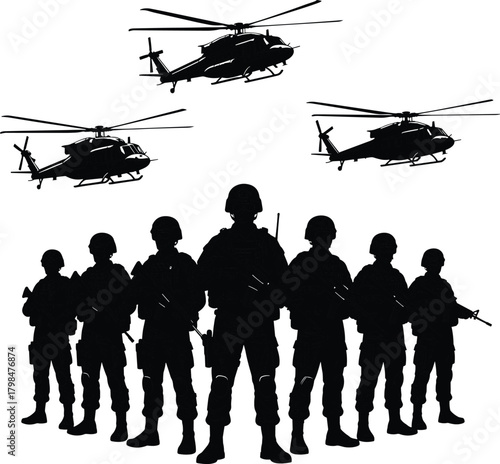 Silhouette group of armed soldiers standing with military helicopters flying above, war operation teamwork defense concept in black white illustration