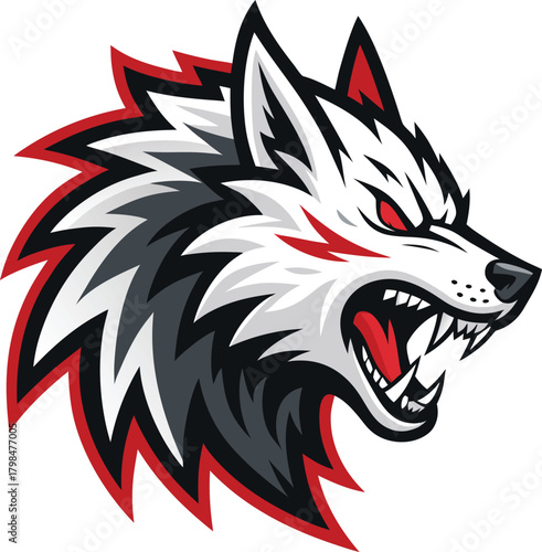 Powerful graphic illustration of a snarling wolf head, embodying strength and a predatory spirit, perfect for sports mascots or distinctive branding