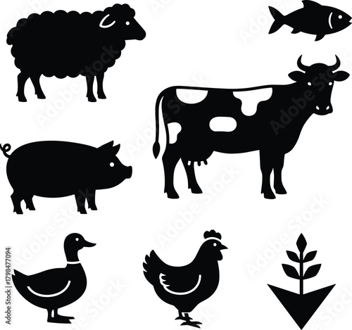 Silhouette set of farm animals including cow sheep pig chicken duck and fish with agriculture symbol for farming livestock illustration