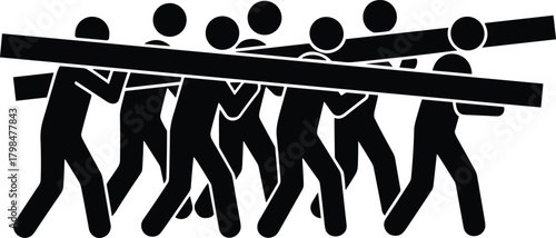 Team of stick figure workers carrying long wooden beams, teamwork cooperation concept, construction labor force icon, unity and collaboration illustration