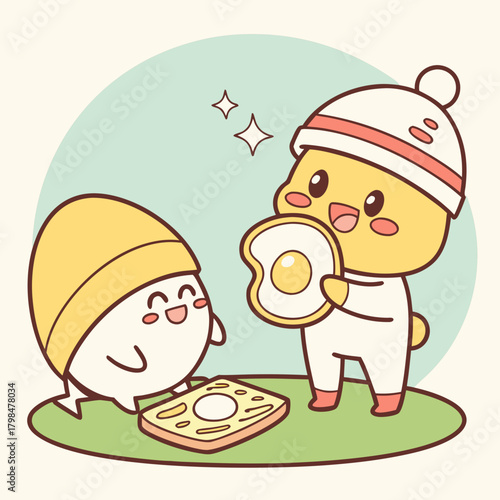 Cute Cartoon Duck and Egg Characters Enjoying Breakfast chick