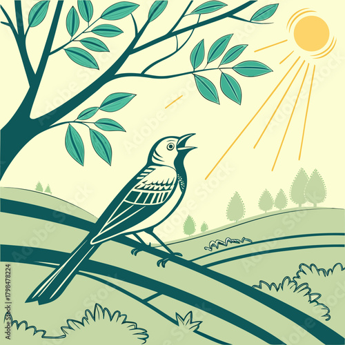 Bird Singing on a Branch in a Rolling Landscape tree