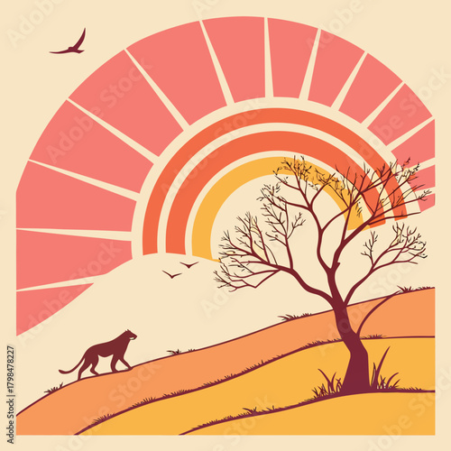 Stylized African Savannah Sunset with Leopard and Tree Keywords: savannah, sunset, sun, rainbow