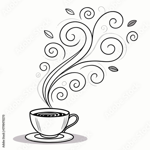 Steaming Coffee Cup with Decorative Swirls and Leaves saucer
