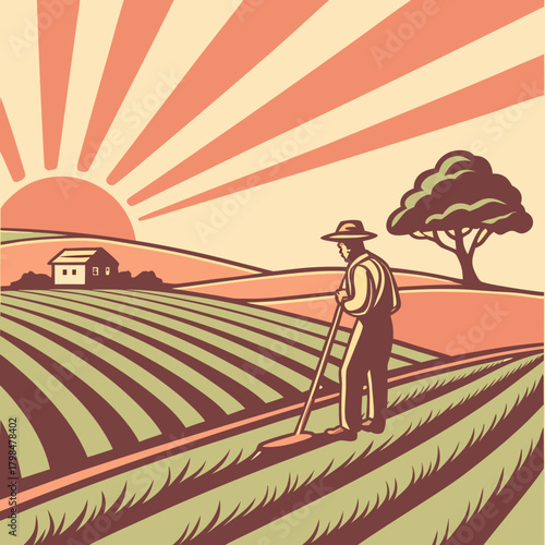 Farmer working in a field at sunrise with a farmhouse and tree Keywords: farmer, agriculture