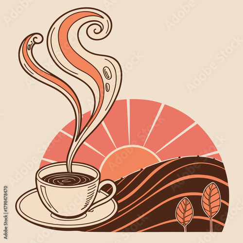 Steaming Coffee Cup with Sunrise and Rolling Hills Illustration saucer