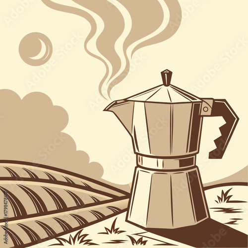 Moka pot on a field with steaming coffee and stylized clouds coffee maker espresso