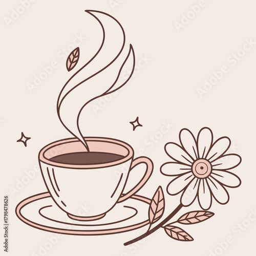 Hand Drawn Steaming Coffee Cup with Daisy and Leaves Illustration saucer hot drink