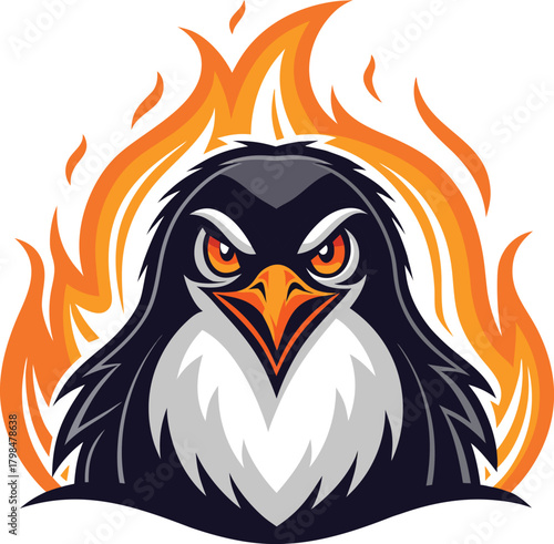 Fierce cartoon penguin mascot ablaze with dynamic flames, symbolizing intense power and spirited determination