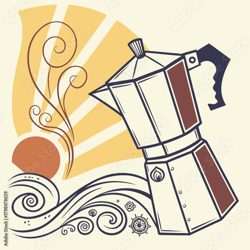 Moka pot with steaming coffee and stylized sun and waves coffee maker espresso