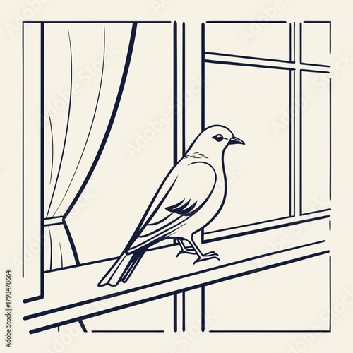 Bird Perched on Window Ledge with Curtains and Divided Window sitting