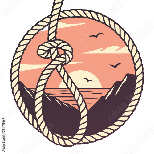 Circular rope knot with mountain and ocean sunset landscape Keywords: nautical, rope, knot