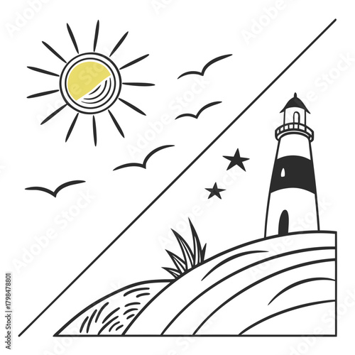 Day and Night Lighthouse Scene with Sun and Moon vector illustration