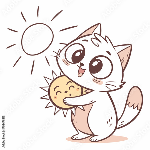 White cartoon cat holding a smiling sun with rays Keywords: cat, kitten, feline, animal, pet