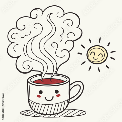 Cute Steaming Coffee Cup with Happy Face and Sun hot coffee