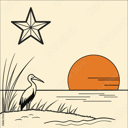 Heron by Water with Star and Sunset bird lake
