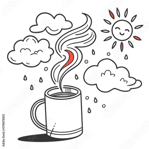 Steaming Mug with Sun, Clouds, and Raindrops hot drink coffee