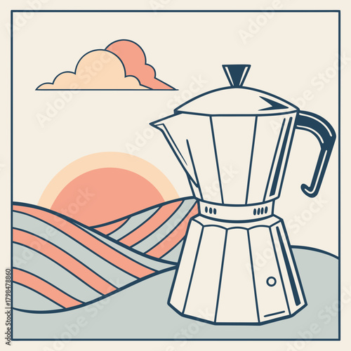 Moka pot coffee maker with rolling hills and sunset stovetop brewing