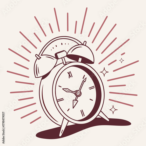 Retro Alarm Clock with Sunburst Effect on Beige Background time vintage