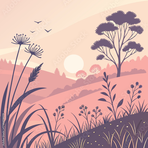 Serene Sunset Landscape with Silhouetted Trees and Wildflowers sunrise nature