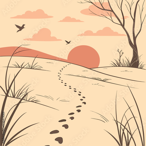 Footprints on a Path Through a Barren Landscape with Birds leading
