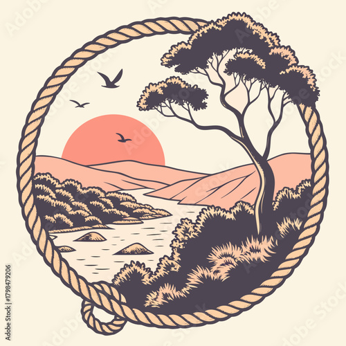 African savanna landscape with acacia tree framed by rope river