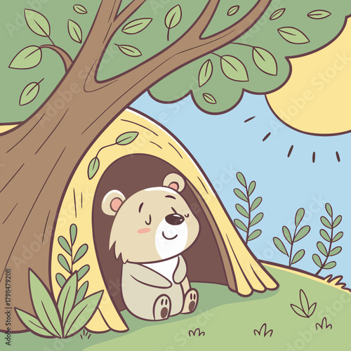 Cute cartoon bear resting in a hollow tree trunk under the sun and leaves animal