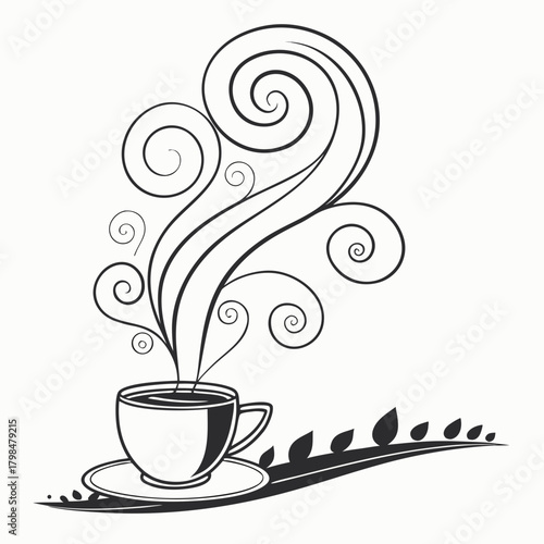 Minimalist black and white illustration of a steaming coffee cup with swirling steam and leaf motifs