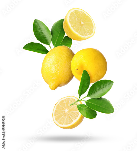 Tableau sur toile Fresh lemons and green leaves falling on white background