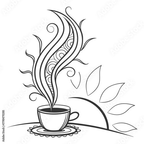 Stylized black and white illustration of a steaming cup of coffee with decorative swirls and leaves