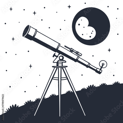 Silhouette of telescope on tripod under starry night sky with moon astronomy stars