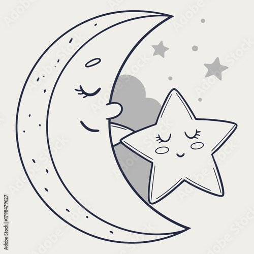 Cartoon crescent moon hugging a sleeping star with closed eyes night