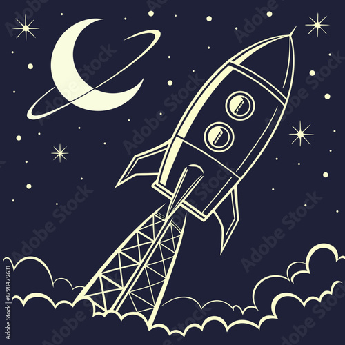 Retro rocket launching through clouds in a starry night sky with ringed planet spaceship