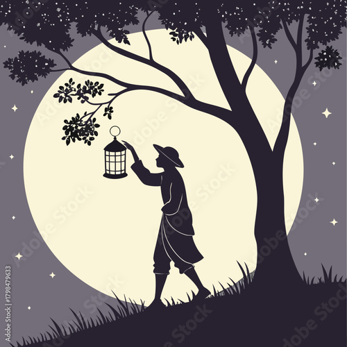 Silhouette of person holding lantern under tree with moon and stars vector illustration