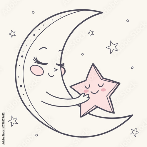 Cute cartoon moon hugging a star with closed eyes vector illustration