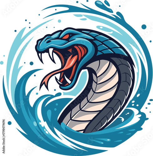 Vibrant Cobra with Fangs Emerging from Raging Water, Dynamic Serpent Emblem Illustration