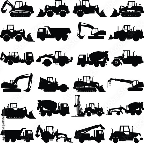 Silhouette collection of construction machinery vehicles including excavators, bulldozers, loaders, cranes, trucks, and industrial equipment icons for engineering and building projects
