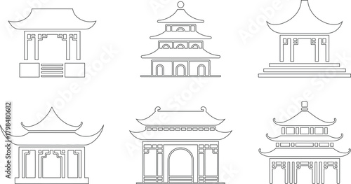 Simple Line Art Depicting Six Different Asian Pagodas with Intricate Architectural Details and Unique Roof Styles