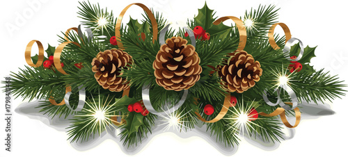 Elegant Christmas decoration with evergreen fir branches, pinecones, festive red berries, and sparkling gold and silver ribbons