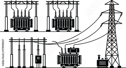 High voltage electrical substation with transformers power lines switchgear and transmission tower illustration for energy distribution industry infrastructure