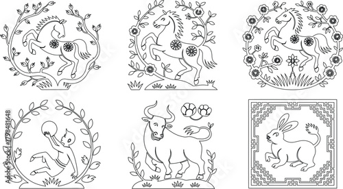 Six Chinese Zodiac Animals Outlined with Flowers, Leaves and Decorative Frames Illustration for Coloring Page