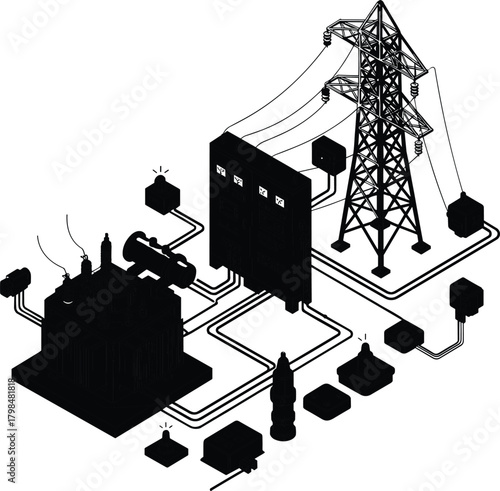 Isometric electrical substation system with power transmission tower, transformers, control panels, energy cables, industrial power distribution network illustration