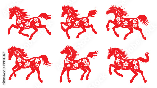 Six Red Horses with Floral Patterns in Running Poses Against a White Background