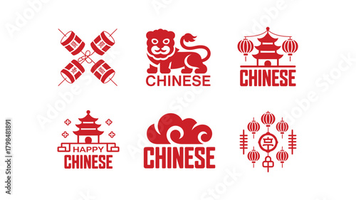 Six Red Chinese New Year Graphics Firecrackers, Lion, Lanterns, Pagodas, Clouds, and Traditional Designs